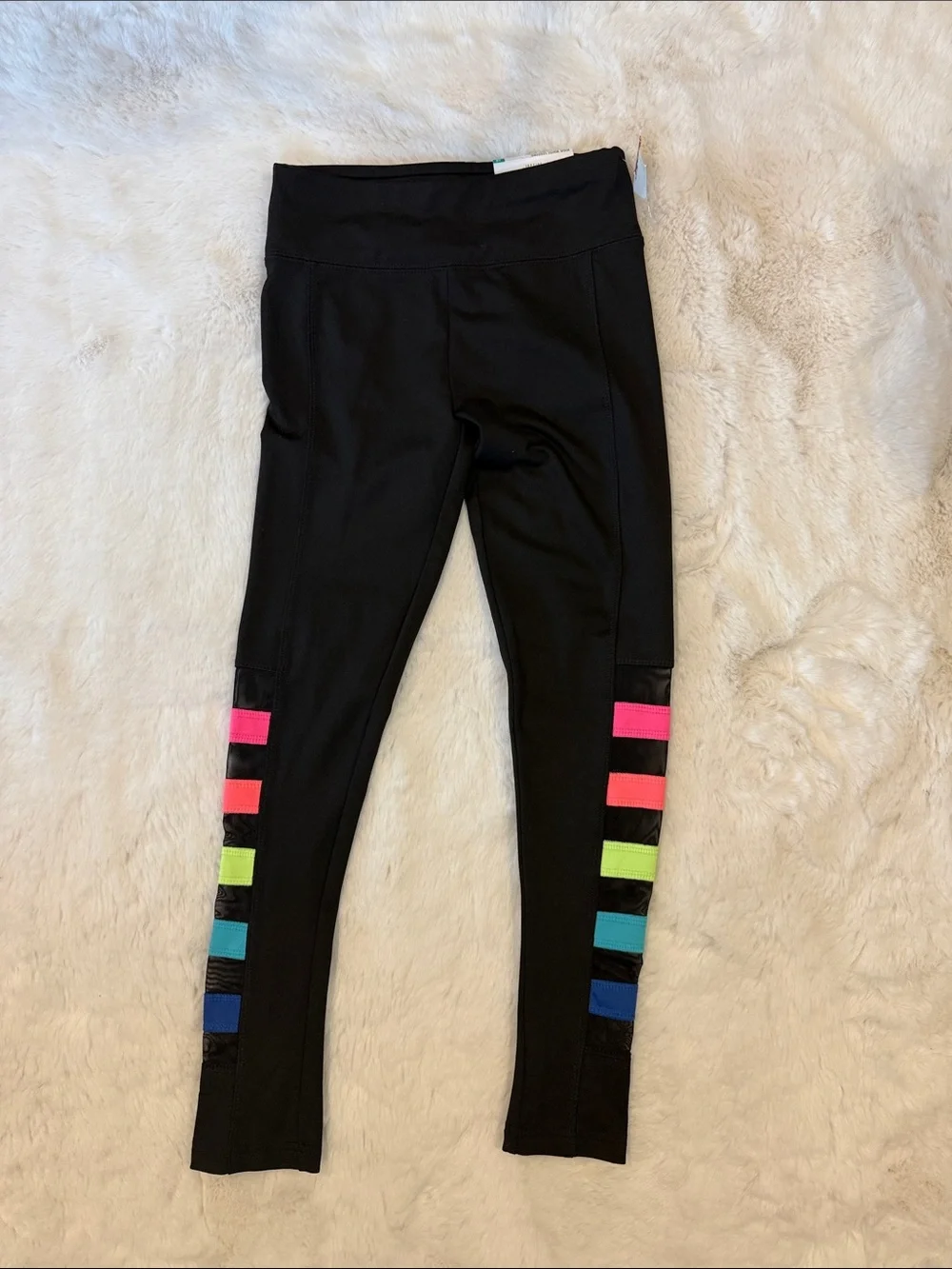 Justice Black Leggings with Neon Pink, Orange, Green and Blue Stripes